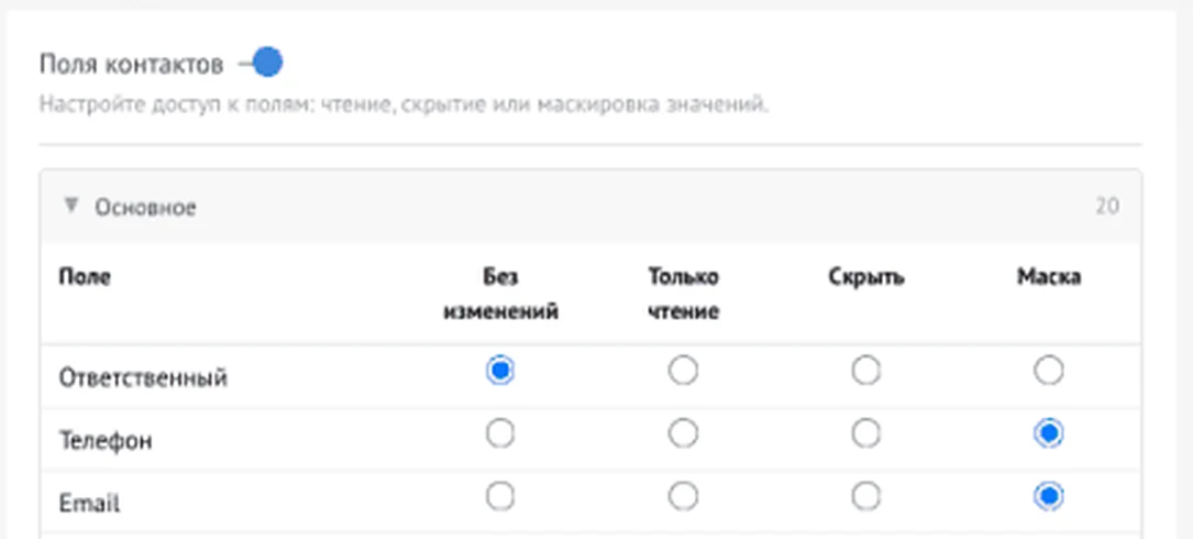 Таблица полей в блоке «Поля контактов»: колонки «Без изменений», «Только чтение», «Скрыть» и «Маска», у полей «Телефон» и «Email» выбрана «Маска»