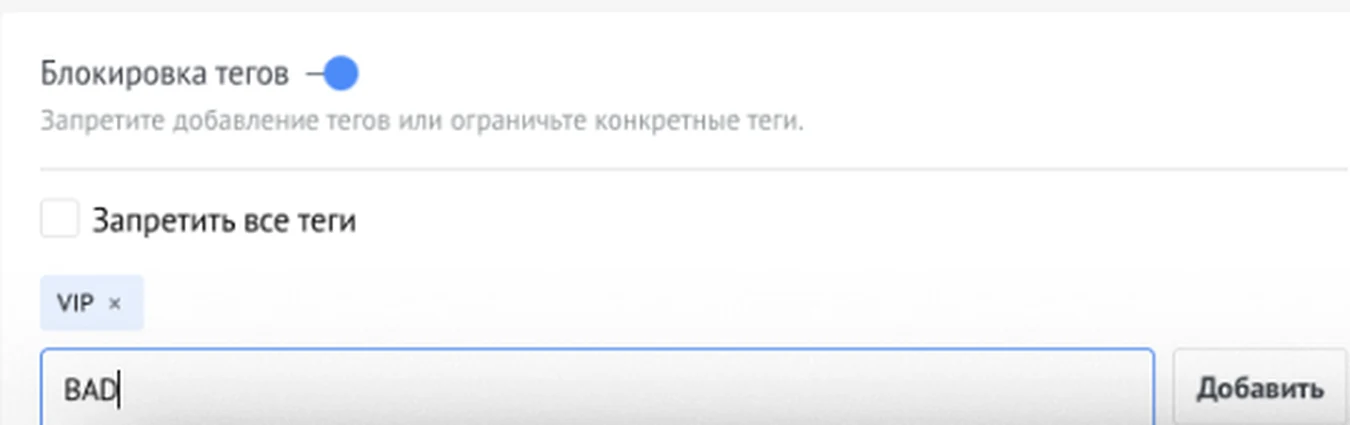 Блок «Блокировка тегов» в форме правила FlyBlock: флажок «Запретить все теги», добавленный тег и поле ввода с кнопкой «Добавить»