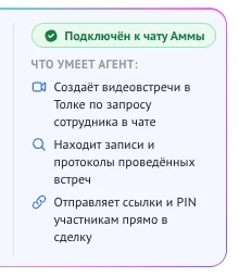 Карточка агента Спайк на вкладке «Подключение» в состоянии «Подключён» и список «Что умеет агент»: создаёт видеовстречи по запросу сотрудника, находит записи и протоколы, отправляет ссылки и PIN в сделку
